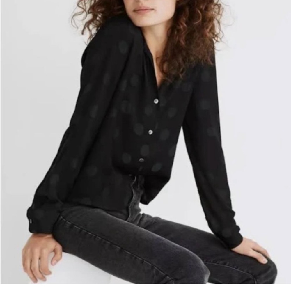 Madewell Jacquard Dot Button Up Blouse Black Polka Dot Top XS NWT